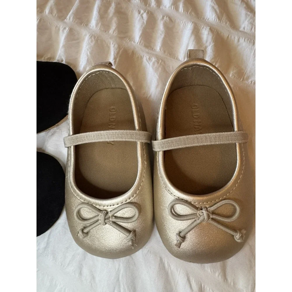 Lot Of 2- Baby Girl Slip On Shoes- Black moccasin, Gold Ballet Flats 6-12 Months